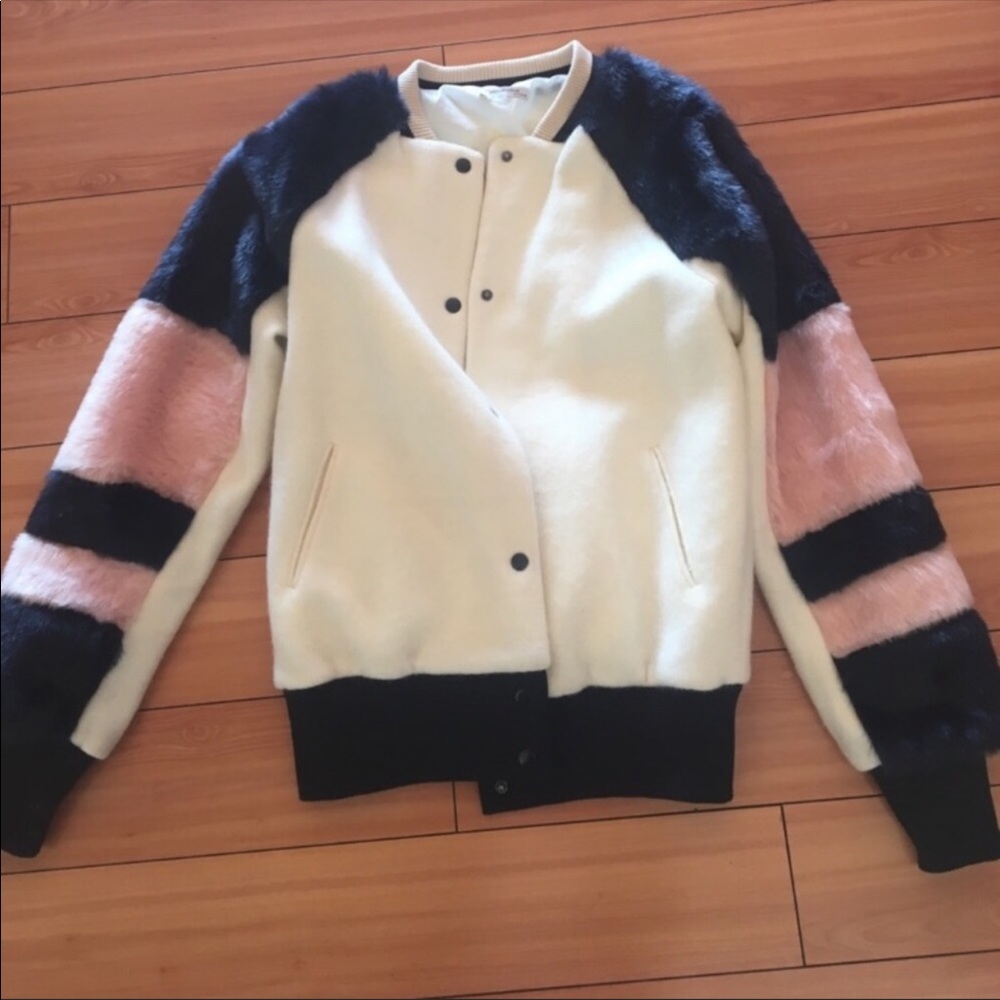 Zara Faux Fur Sleeve Varsity